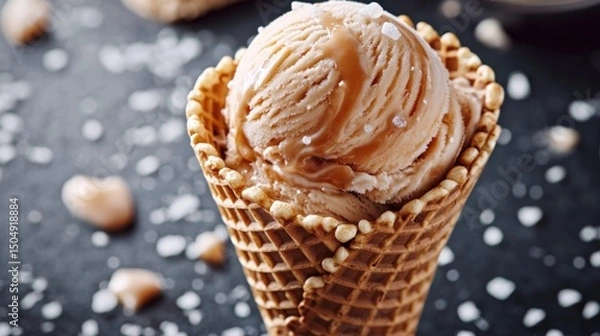 Obraz Creamy Caramel Ice Cream in Waffle Cone with Sea Salt Garnish