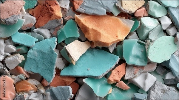 Fototapeta Microscopic view of recycled plastic. Colorful fragments of glass and ceramics in a textured arrangement.