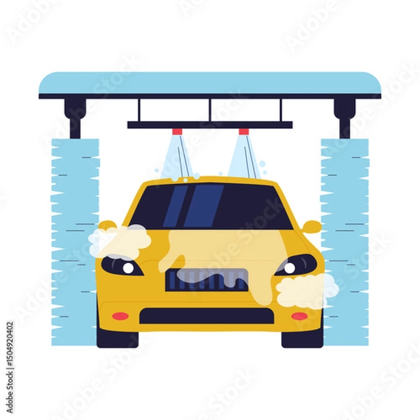 Obraz Flat Vector Illustration of a Car in Automatic Car Wash Tunnel with Water Sprayers. Illustrations for websites, landing pages, mobile apps, posters and banners