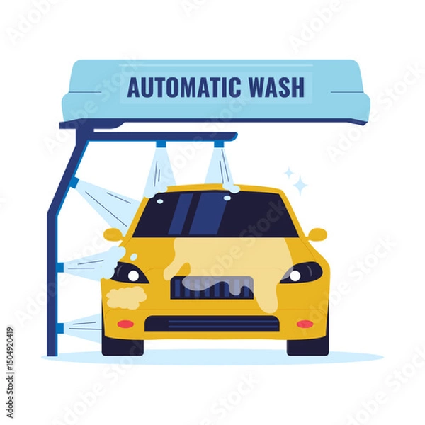 Obraz Flat Vector Illustration of Automatic Car Wash System with Yellow Vehicle. Illustrations for websites, landing pages, mobile apps, posters and banners