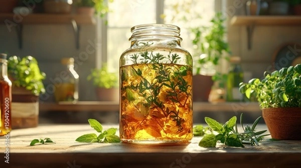 Obraz Herb infused oil in a glass jar