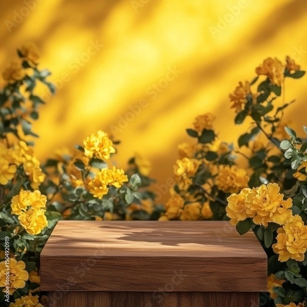 Obraz a podium with copy space and yellow flowers