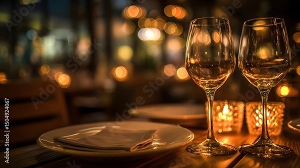 Obraz Romantic dinner for two with candlelit wine glasses, a moment of love and connection