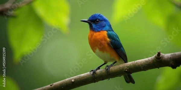 Obraz Vibrant blue-fronted redstart perched on a tree branch , outdoors, macro, bird photography