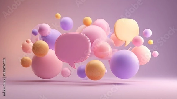 Obraz Floating pastel speech bubbles in a minimalist gradient space, symbolizing the exchange of feedback and creative ideas.