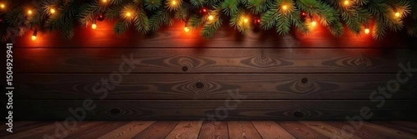 Obraz Warm Christmas lights illuminate rustic wooden backdrop with festive garland , retro, background