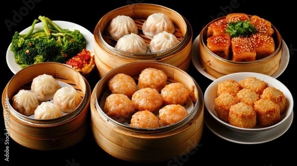 Fototapeta Chinese cuisine concept with dim sum and street food. Assorted dim sum dishes in bamboo steamers with vibrant vegetables.