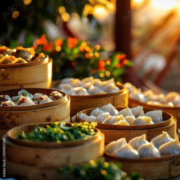 Fototapeta Chinese cuisine concept with dim sum and street food. Delicious dumplings in bamboo steamers, surrounded by greenery in warm light.