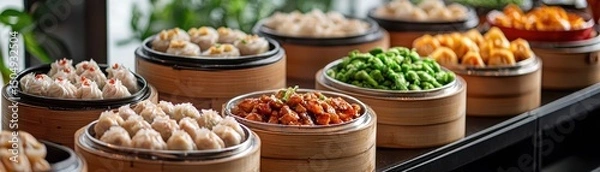 Fototapeta Chinese cuisine concept with dim sum and street food. Delicious dim sum served in bamboo steamers on a restaurant table.