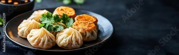 Fototapeta Chinese cuisine concept with dim sum and street food. Delicious dumplings served on a dark plate with garnish and dipping sauce.