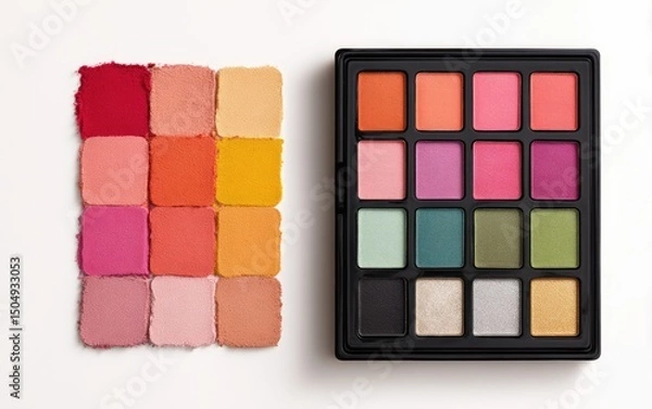 Fototapeta Swatches of warm-toned eyeshadows arranged beside a palette of diverse shades, from muted to vibrant
