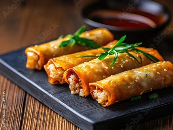 Fototapeta Chinese cuisine concept with dim sum and street food. Delicious spring rolls with sesame seeds on a black plate, served with dipping sauce.