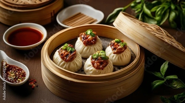 Fototapeta Chinese cuisine concept with dim sum and street food. Steamed dumplings served in a bamboo basket with dipping sauce and herbs.