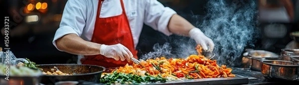 Fototapeta Chinese cuisine concept with dim sum and street food. Street chef preparing a vibrant mix of vegetables and meats in a busy outdoor setting.