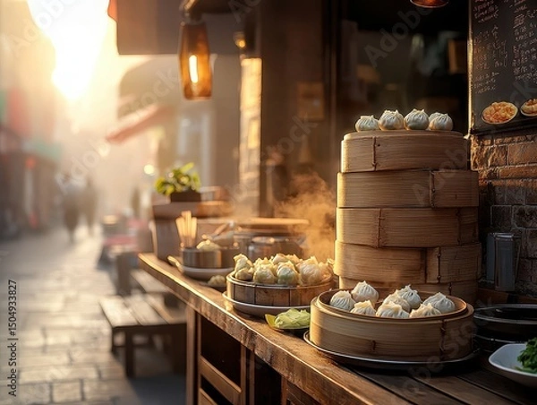Fototapeta Chinese cuisine concept with dim sum and street food. Street food stall featuring bamboo steamers filled with dumplings in a vibrant urban setting.