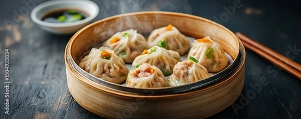 Fototapeta Chinese cuisine concept with dim sum and street food. Steamed dumplings served in a bamboo basket with dipping sauce.