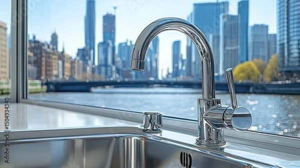 Obraz Modern chrome faucet over cityscape view