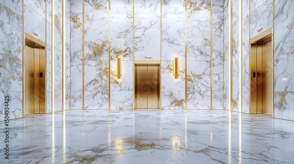 Obraz Modern elevator lobby with gold accents on white marble