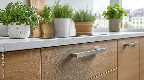 Obraz Modern kitchen counter with herbs and light cabinets