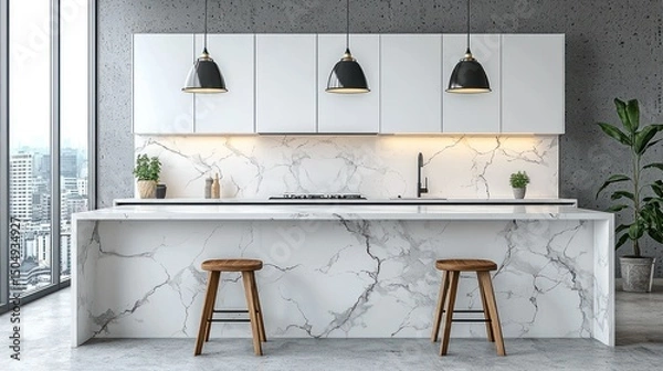 Obraz Modern kitchen with marble island and city view