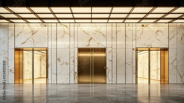 Obraz Modern lobby with gold elevators
