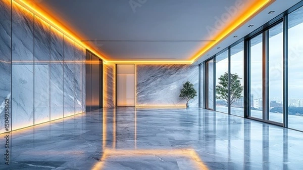 Obraz Modern marble interior with orange accent lighting and city views