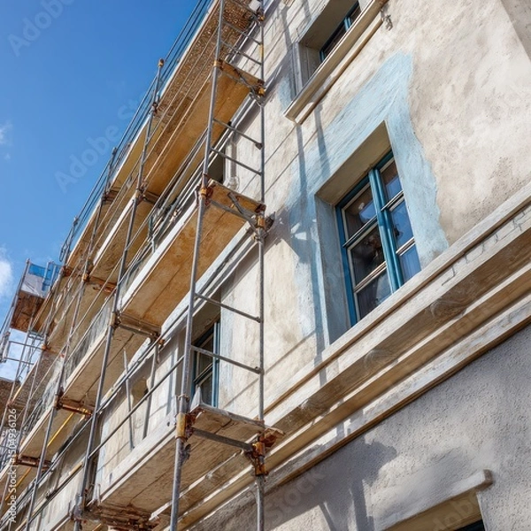 Obraz House renovation involving plastering, stucco application, and painting of exterior walls using scaffolding.