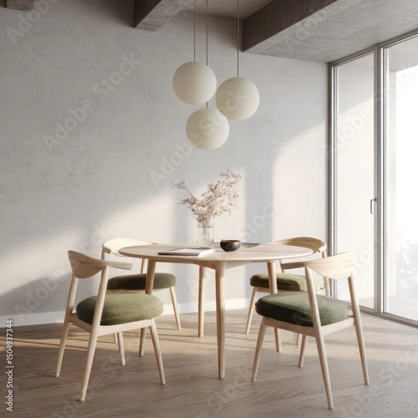 Fototapeta Clean and modern dining area with a round table, minimalistic design, and soft tones.