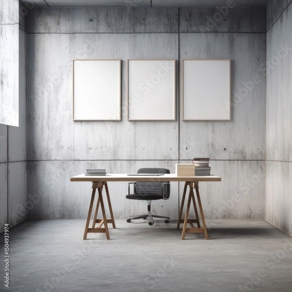 Obraz Stylish minimalist home office with concrete walls, blank whiteboard frames, and sleek desk.