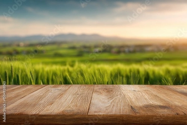 Fototapeta Rustic wooden table against a blurred background of a vibrant green field at sunset, showcasing rolling hills and a tranquil countryside scene