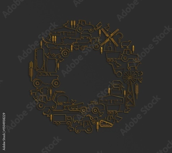 Fototapeta Circle frame with icons of agriculture and farming. Illustration or background for eco products and agricultural presentation. 3D render