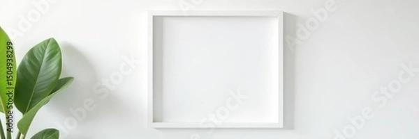 Fototapeta Empty white photo frame hangs on a pristine white wall , photography, stylish, art