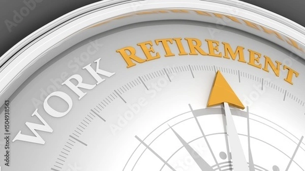 Fototapeta The needle of compass points to the word retirement ignoring the words work. The decision an aging worker must make between staying in the workforce or entering retirement. 3D render