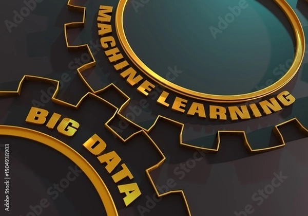 Fototapeta Deep learning, Machine learning and big data concept. Text on the mechanism of gears. 3D render