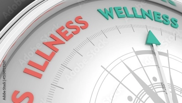 Fototapeta The needle of compass points to the word wellness ignoring the words illness. Health care concept. 3D render