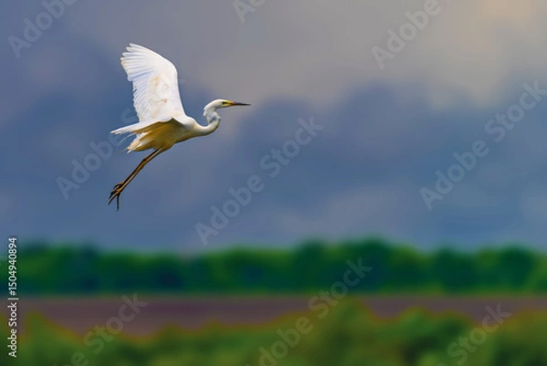 Fototapeta White heron, Great Egret, fly on the meadow background. Water bird in the nature habitat