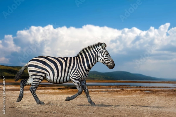 Fototapeta Zebra running in the savannah on white clouds background, National park of Kenya