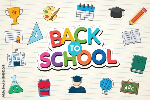 Fototapeta Back to school in paper space with educational elements vector illustration