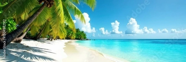 Obraz Tropical beach scene; turquoise water, swaying palm trees, palm, sand