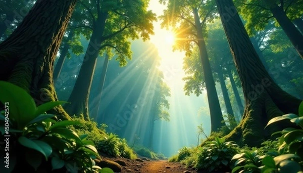 Obraz Towering rainforest giants, sunlight dappled below , stock photo, vertical, immense