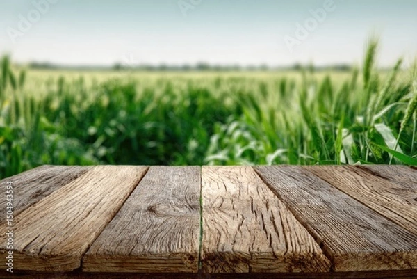 Fototapeta Rustic wooden planks foreground a blurred, sunlit green field, suggesting natural abundance and rural tranquility