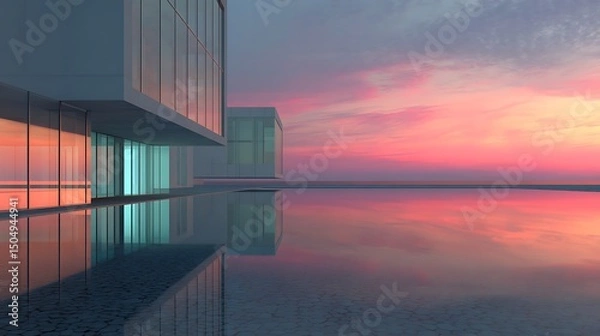 Fototapeta Modern Building Reflection at Colorful Sunset Over Water