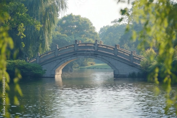 Obraz A picturesque depiction of a traditional Chinese garden bridge, highlighting its architectural beauty and surrounding nature