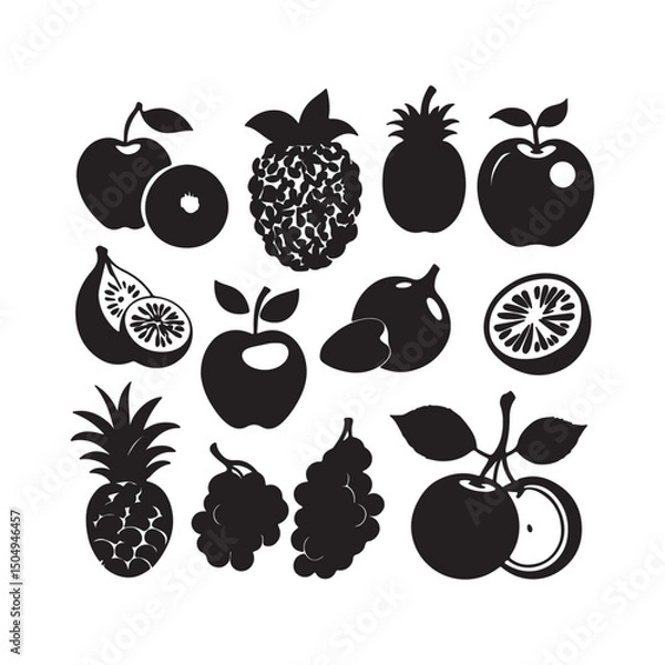 Fototapeta Summer fruits silhouette icons set, Black fruit icons set, various types, flat design, Fruits, vector icon, tropical fruits, minimalist, Simple Black Fruit Icons, Fresh fruit, vector illustration,