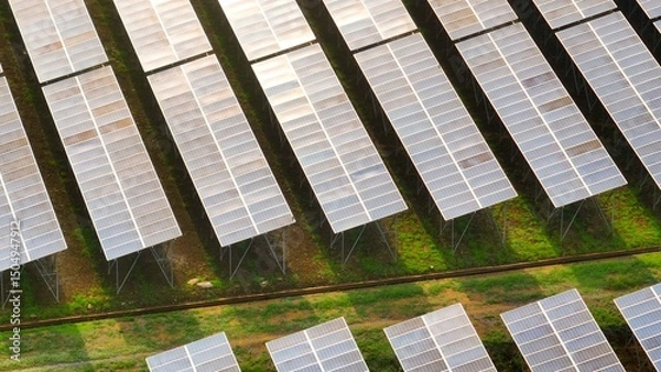 Obraz From above, the solar panel field represents a sustainable solution to energy demands, emphasizing the importance of clean, green energy sources in tackling climate change.
