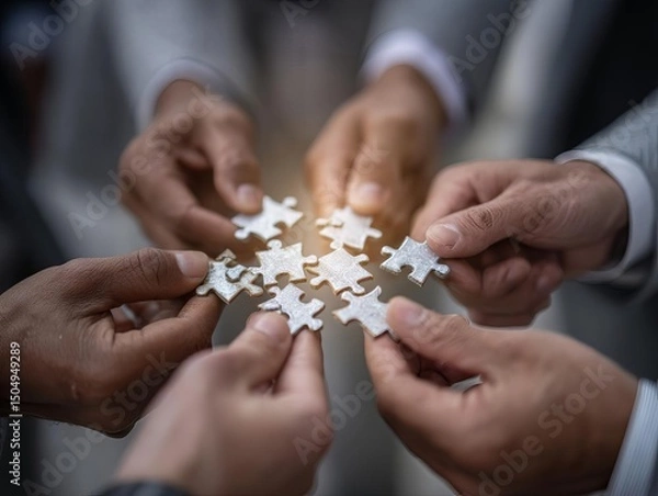 Fototapeta Team collaboration with puzzle pieces representing unity.