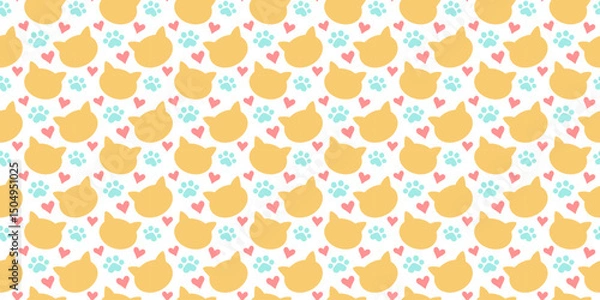 Fototapeta Seamless pattern with playful and vibrant paw, cat heads, and hearts. Ideal for pet related designs, branding, or creative projects.