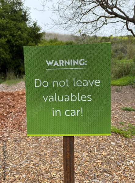 Obraz Sign WARNING: Do not leave valuables in car!