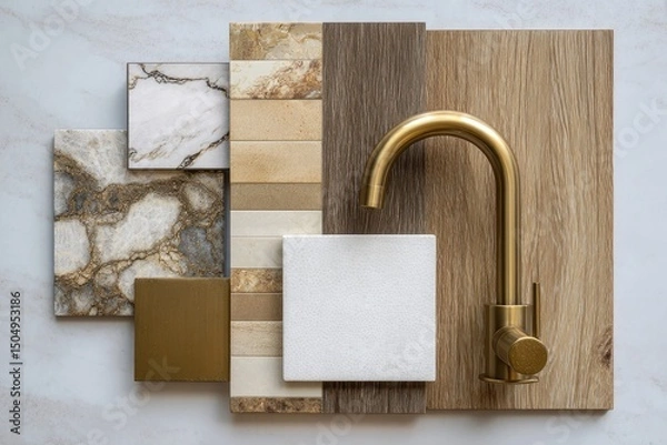 Fototapeta Flatlay showcasing gold faucet & assorted neutral-toned tiles & wood samples for interior design inspiration