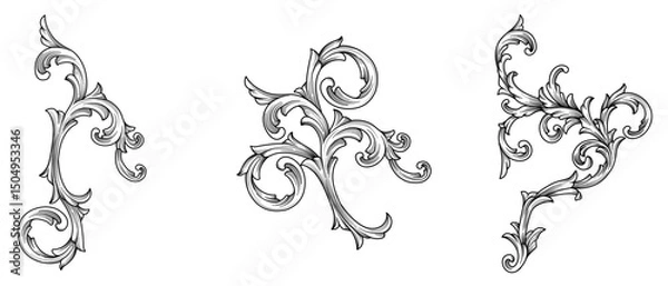 Obraz Set of Arabesque ornament, Vintage baroque swirl element. Classical acanthus pattern. Elegance Decorative ornamental, Retro element filigree calligraphy vector